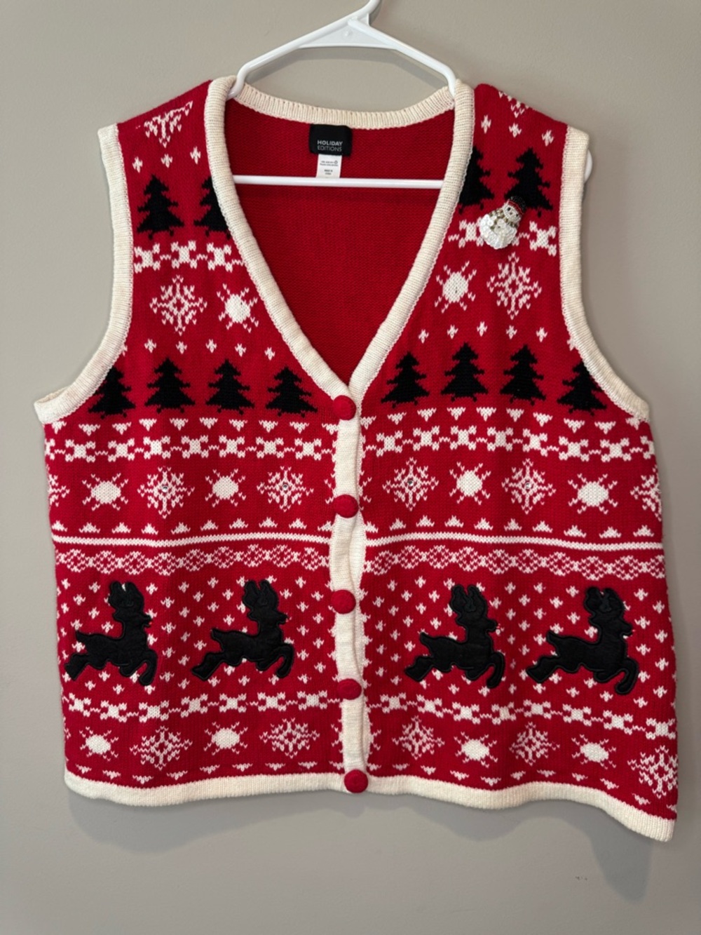 Ugly Christmas Sweater Vest XL Red Reindeer Snowflake Holiday Editions